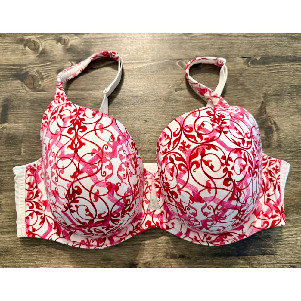 Cacique Cooling French Full Coverage Bra 40DD Excellent Red Pink Scroll Print